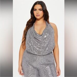 Fashion Nova Glamazon Sequin Jumpsuit Grey (Brand New)